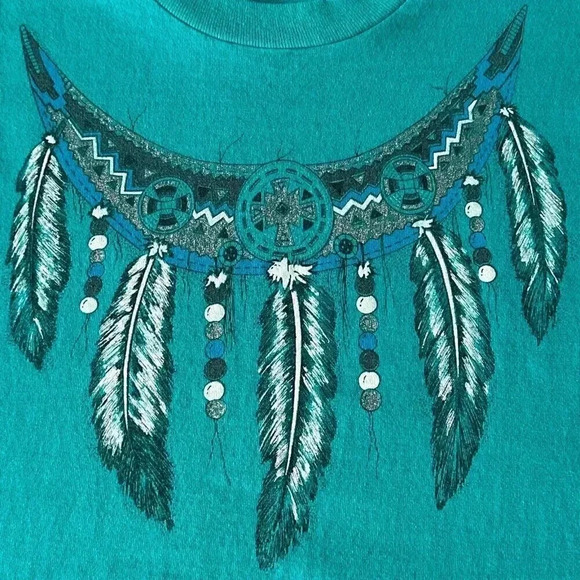 Vintage 90s Southwestern Shirt Womens Large Teal Feathers Boho Art Festival Tee - Picture 9 of 13